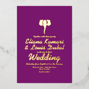 Elefant lila ethnische Hochzeit geprägt Folieneinladung