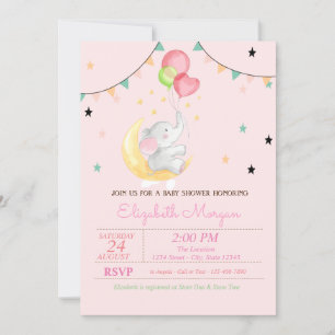 Elefant, Luftballons, Mond, Sterne Baby Shower Einladung