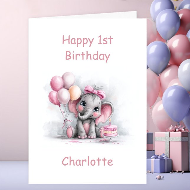 Elefant Mädchen Baby 1. Geburtstag Karte (Von Creator hochgeladen)