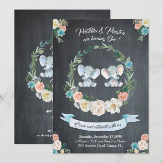 Elefant-Mädchen-Junge- Doppeleinladung, mit Einladung