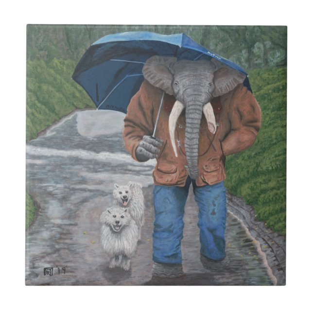 Elefant Man Walking Hunde Fantasy Art Keramik Tile Fliese (Vorderseite)