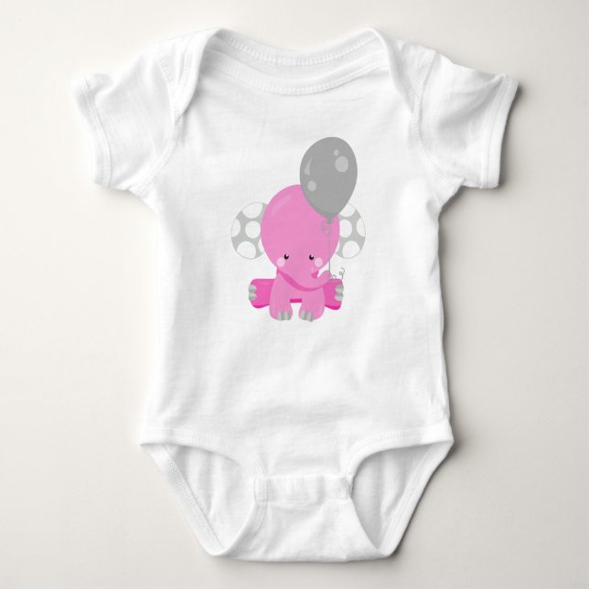 Elefant mit Ballon, rosa Elefant, Süße Tier Baby Strampler (Vorderseite)