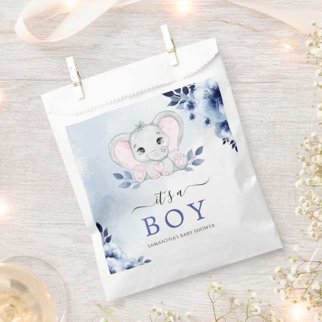 Elefant mit blauen Anemonen Es ist eine Baby-Dusch Geschenktütchen (Ausgeschnitten)