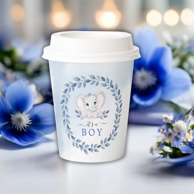 Elefant mit blauen Anemonen Es ist eine Baby-Dusch Pappbecher (Elephant With Blue Anemones It's A Boy Baby Shower Paper Cups)