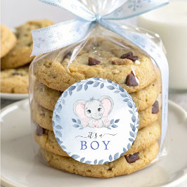 Elefant mit blauen Anemonen Es ist eine Baby-Dusch Runder Aufkleber