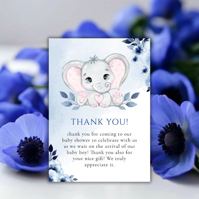 Elefant mit Blue Anemones Baby Dusche Dankeskarte (Elephant With Blue Anemones Boy Baby Shower Thank You Card)