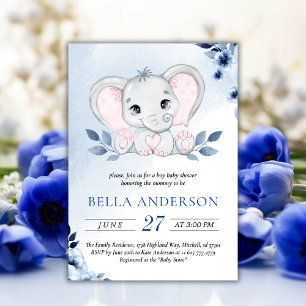 Elefant mit Blue Anemones Wasserfarben Babydusche Einladung