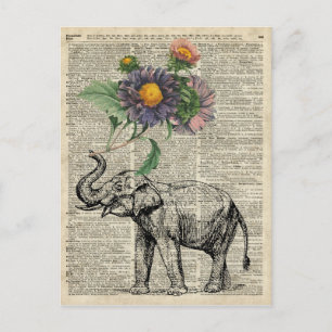 Elefant mit Blume Collage über Vintage Seite Postkarte