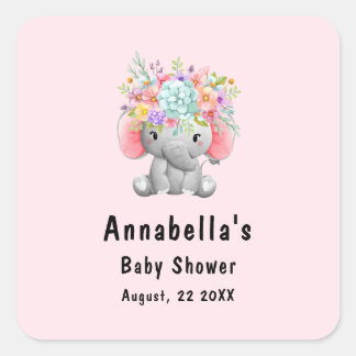 Elefant mit Blumen Baby Shower Quadratischer Aufkleber