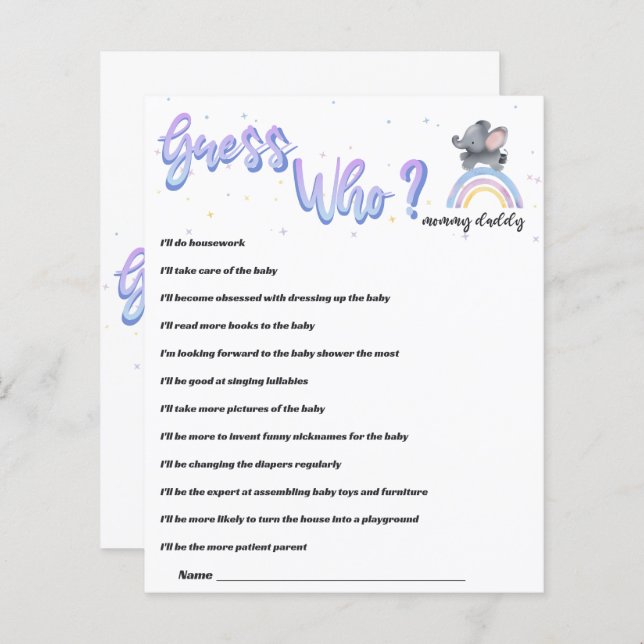 Elefant mit farbenfrohen Rainbow Baby Shower Game (Vorne/Hinten)