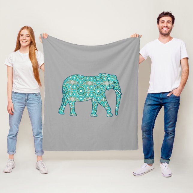 Elefant mit Fraktal, türkis, grau und weiß Fleecedecke (Beispiel)