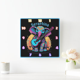 Elefant mit Gitarre bei Sonnenuntergang Quadratische Wanduhr
