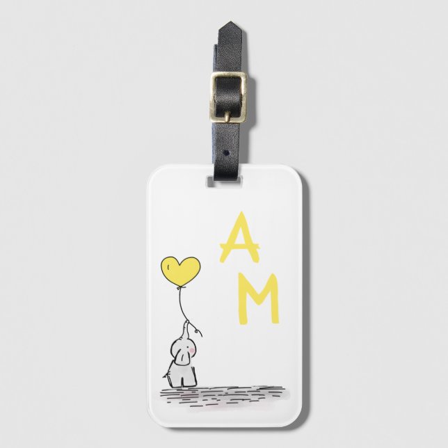 Elefant mit Herz-geformtem Ballon und Initialen Gepäckanhänger (Vorderseite Vertikal)