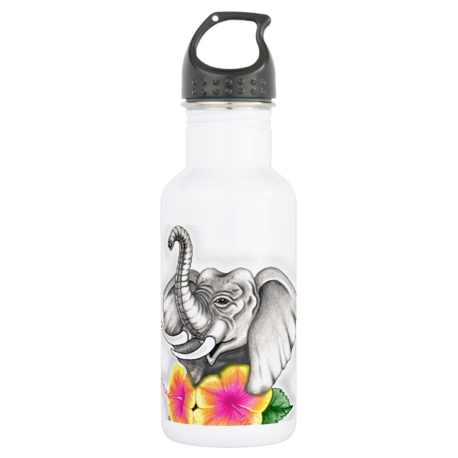 Elefant mit Hibiskus-Design Edelstahlflasche (Vorderseite)