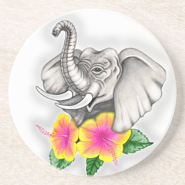Elefant mit Hibiskus-Design Getränkeuntersetzer (Vorne)