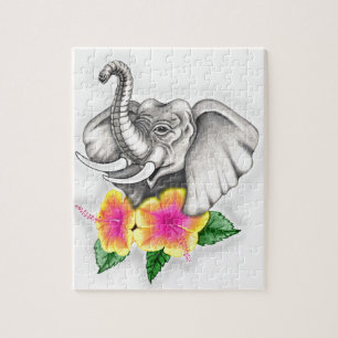 Elefant mit Hibiskus-Design Puzzle