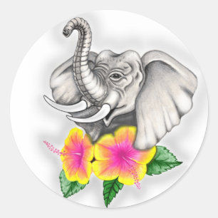 Elefant mit Hibiskus-Design Runder Aufkleber