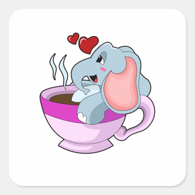 Elefant mit Kaffee-Cup Quadratischer Aufkleber (Vorderseite)