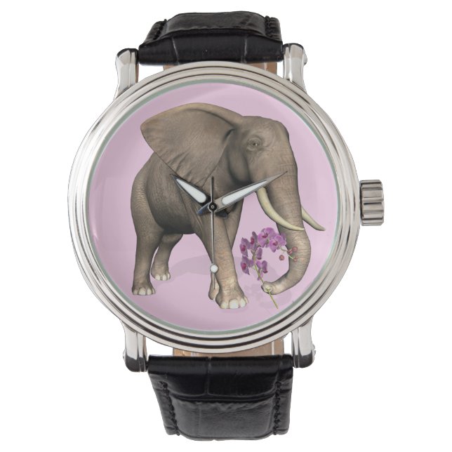 Elefant mit rosa Orchid Armbanduhr (Vorderseite)