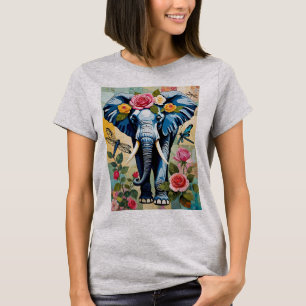 Elefant mit Rosen und Libellen Patchwork T-Shirt