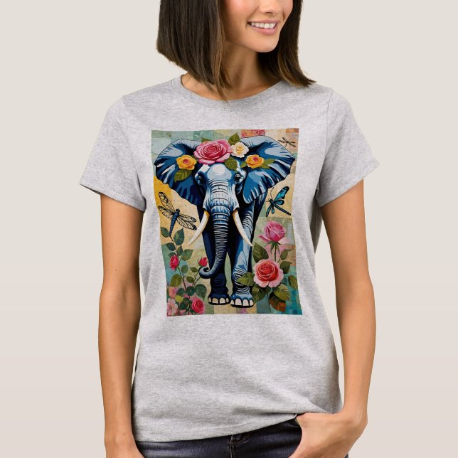Elefant mit Rosen und Libellen Patchwork T-Shirt (Vorderseite)