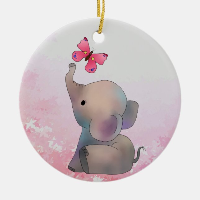 Elefant mit Schmetterling Keramik Ornament (Vorne)