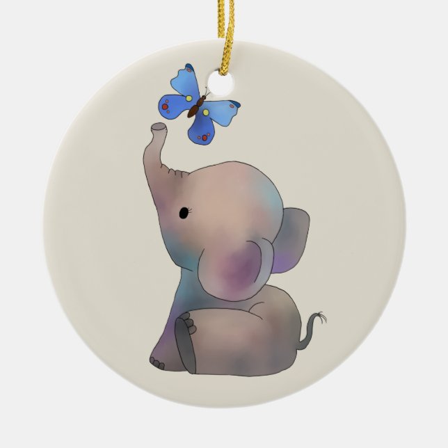 Elefant mit Schmetterling Keramik Ornament (Vorne)