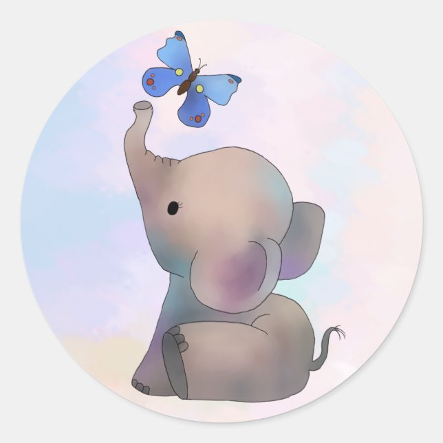 Elefant mit Schmetterling Runder Aufkleber (Vorderseite)
