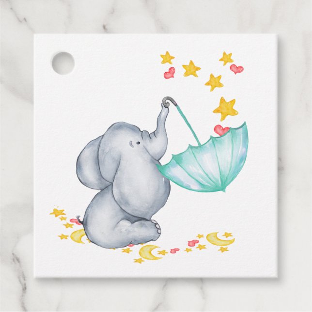 Elefant mit Umbrella Niedlich Neutral Baby Dusche Geschenkanhänger (Vorderseite)