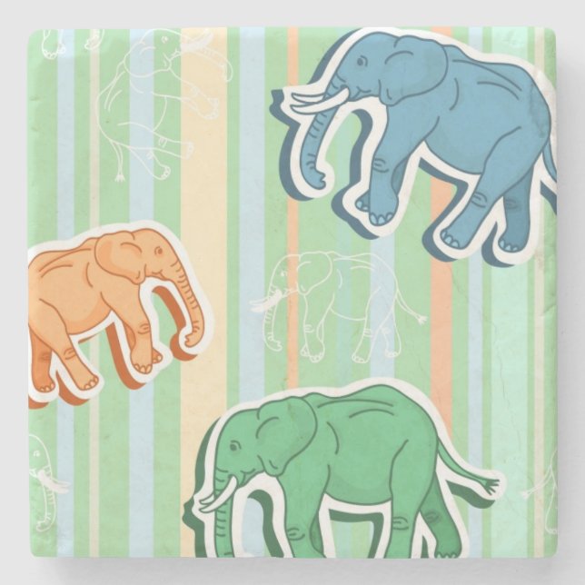 Elefant-Muster auf grünen Streifen Steinuntersetzer (Vorderseite)