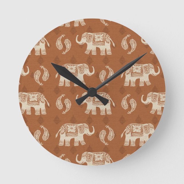 Elefant-orange Wohnwagen-Muster Runde Wanduhr (Vorderseite)