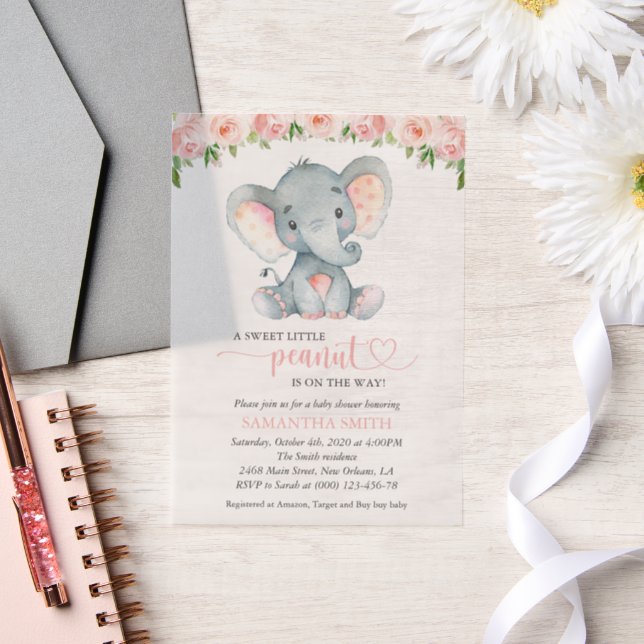 Elefant, rosa Aquarell-Blume, Babydusche (Hochzeit)