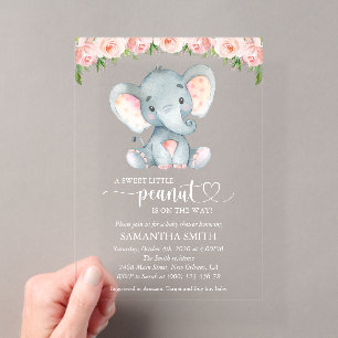 Elefant, rosa Aquarell-Blume, Babydusche Acryleinladungen