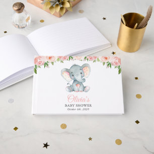 Elefant, rosa Aquarell-Blume, Babydusche Gästebuch