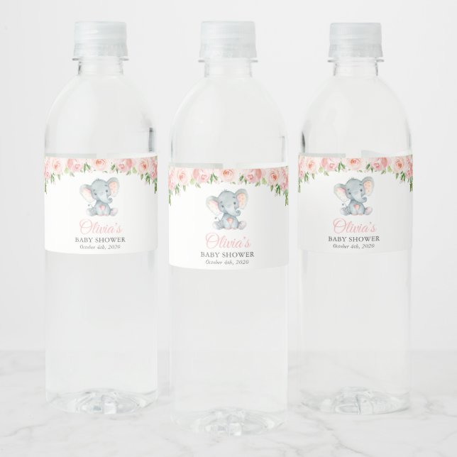 Elefant, rosa Aquarell-Blume, Babydusche Wasserflaschenetikett (Flaschen)