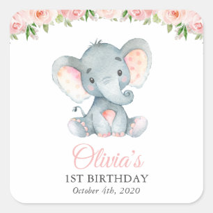 Elefant, rosa Aquarellblumen, erster Geburtstag  Quadratischer Aufkleber