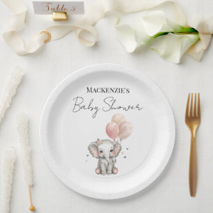 Elefant & rosa Luftballons Mädchen Baby Shower Pappteller