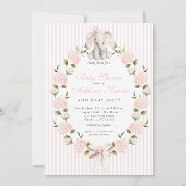 Elefant rosa Schleife Mädchen Baby Shower Einladung (Vorderseite)