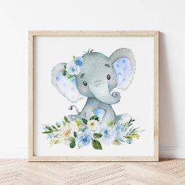 Elefant, Safari, Blumen, Junge Kinderzimmer Fotodruck