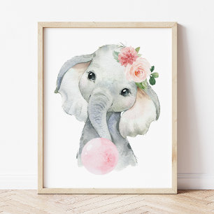 Elefant, Safari, Rosa Kaugummi, Mädchen-Kinderzimm Poster