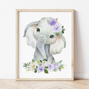 Elefant, Safari, violette Blumen, neutrale Geschle Fotodruck