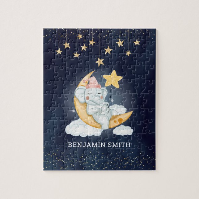 Elefant schläft auf dem Halbmond Kindername Puzzle (Vertikal)