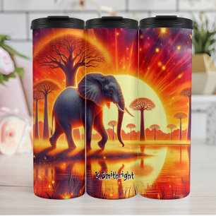 Elefant Silhouette gegen fiery Sunset Thermosbecher