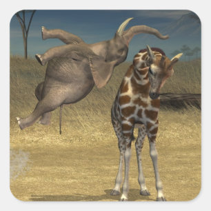 Elefant springt über Giraffe Quadratischer Aufkleber