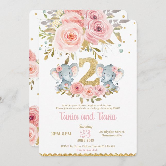 Elefant Twin Girls 2. Geburtstagseinladung Einladung (Vorne/Hinten)