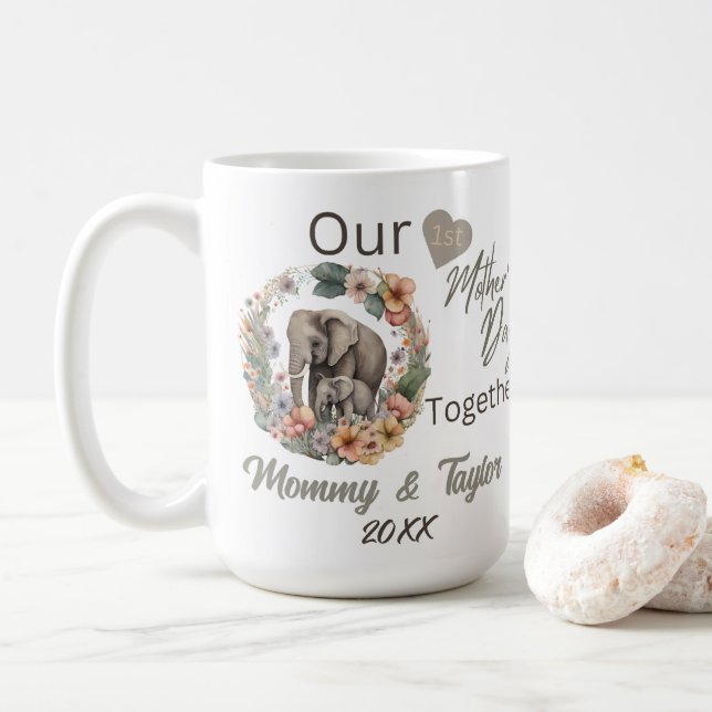 Elefant und Baby, unser erster Muttertag zusammen Kaffeetasse (Mit Donut)