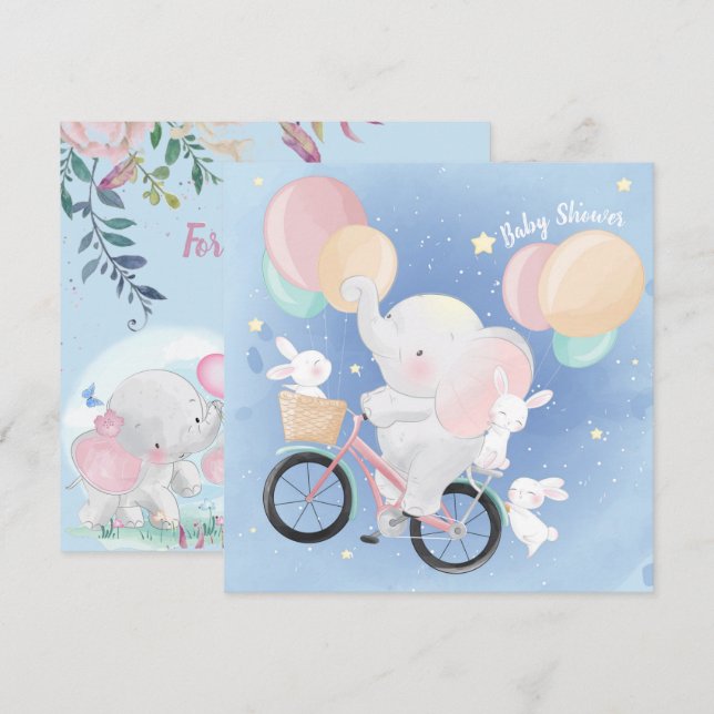 Elefant und Bunnies Kinderdusche Einladung (Vorne/Hinten)