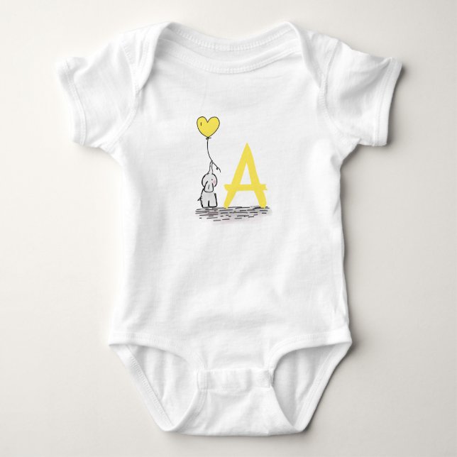 Elefant und gelbes Herz-Ballon-Monogramm Baby Strampler (Vorderseite)