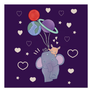 Elefant und Hase Weltraum-Ballonfahrt   Whimsical  Poster