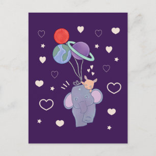 Elefant und Hase Weltraum-Ballonfahrt   Whimsical  Postkarte